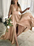 Yooulike Side Slit Draped Deep V-Neck Sleeveless Ruched Elegant Fashion Evening Party Prom Long Maxi Dress