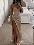 Yooulike Bodycon Bodice Side Slit Bandeau Backless Spaghetti Straps Sleeveless Fashion Evening Party Prom Wedding Maxi Dress