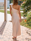 Yooulike Solid Color Slim Satin Bandeau One-Shoulder Sleeveless Elegant Fashion Sweet Prom Bridesmaid Dress