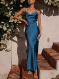 Yooulike Solid Color Bodycon Satin Backless Spaghetti Straps Elegant Evening Party Prom Bridesmaid Dress Wedding Guest Dress