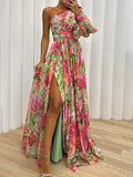 Yooulike Oblique Shoulder Floral Print With Stereo Flower Side Slit Long Sleeve Elegant Fashion Loose Evening Party Prom Maxi Dress