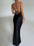 Yooulike Bodycon Luxury Vintage Satin V-Neck Backless Sleeveless Elegant Fashion Prom Wedding Mermaid Maxi Dress