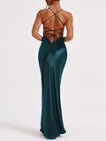 Yooulike Bodycon Luxury Vintage Satin V-Neck Backless Sleeveless Elegant Fashion Prom Wedding Mermaid Maxi Dress