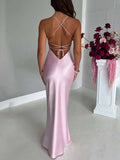 Yooulike Bodycon Luxury Vintage Satin V-Neck Backless Sleeveless Elegant Fashion Prom Wedding Mermaid Maxi Dress