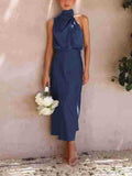 Yooulike Satin Irregular Halter Neck Sleeveless Chic Formal Elegant Fashion Cocktail Wedding Long Bridesmaid Dress