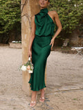 Yooulike Satin Irregular Halter Neck Sleeveless Chic Formal Elegant Fashion Cocktail Wedding Long Bridesmaid Dress