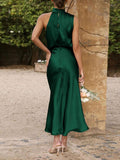 Yooulike Satin Irregular Halter Neck Sleeveless Chic Formal Elegant Fashion Cocktail Wedding Long Bridesmaid Dress