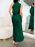 Yooulike Satin Irregular Halter Neck Sleeveless Chic Formal Elegant Fashion Cocktail Wedding Long Bridesmaid Dress