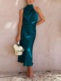 Yooulike Satin Irregular Halter Neck Sleeveless Chic Formal Elegant Fashion Cocktail Wedding Long Bridesmaid Dress