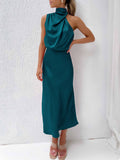 Yooulike Satin Irregular Halter Neck Sleeveless Chic Formal Elegant Fashion Cocktail Wedding Long Bridesmaid Dress