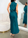 Yooulike Satin Irregular Halter Neck Sleeveless Chic Formal Elegant Fashion Cocktail Wedding Long Bridesmaid Dress