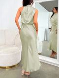 Yooulike Satin Irregular Halter Neck Sleeveless Chic Formal Elegant Fashion Cocktail Wedding Long Bridesmaid Dress