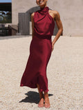 Yooulike Satin Irregular Halter Neck Sleeveless Chic Formal Elegant Fashion Cocktail Wedding Long Bridesmaid Dress