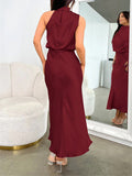 Yooulike Satin Irregular Halter Neck Sleeveless Chic Formal Elegant Fashion Cocktail Wedding Long Bridesmaid Dress