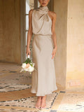 Yooulike Satin Irregular Halter Neck Sleeveless Chic Formal Elegant Fashion Cocktail Wedding Long Bridesmaid Dress