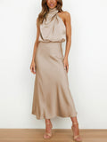 Yooulike Satin Irregular Halter Neck Sleeveless Chic Formal Elegant Fashion Cocktail Wedding Long Bridesmaid Dress