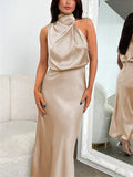 Yooulike Satin Irregular Halter Neck Sleeveless Chic Formal Elegant Fashion Cocktail Wedding Long Bridesmaid Dress