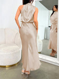 Yooulike Satin Irregular Halter Neck Sleeveless Chic Formal Elegant Fashion Cocktail Wedding Long Bridesmaid Dress