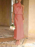 Yooulike Satin Irregular Halter Neck Sleeveless Chic Formal Elegant Fashion Cocktail Wedding Long Bridesmaid Dress