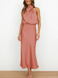 Yooulike Satin Irregular Halter Neck Sleeveless Chic Formal Elegant Fashion Cocktail Wedding Long Bridesmaid Dress