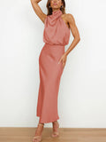 Yooulike Satin Irregular Halter Neck Sleeveless Chic Formal Elegant Fashion Cocktail Wedding Long Bridesmaid Dress