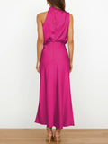 Yooulike Satin Irregular Halter Neck Sleeveless Chic Formal Elegant Fashion Cocktail Wedding Long Bridesmaid Dress