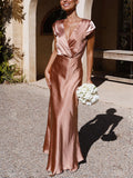 Yooulike Bodycon Satin V-Neck Cap Sleeve Elegant Fashion Prom Wedding Guest Mermaid Long Bridesmaid Dress Spring Summer