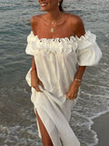 Yooulike Side Slit Off Shoulder Sleeve Ruffle Puff Short Sleeve Fashion Loose Casual Boutique Holiday Beach Maxi Dress