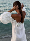 Yooulike Side Slit Off Shoulder Sleeve Ruffle Puff Short Sleeve Fashion Loose Casual Boutique Holiday Beach Maxi Dress