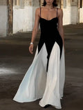 Yooulike Color Block Hit Color Pleated V-Neck Spaghetti Straps Sleeveless Slim Chic Elegant Fashion Loose Prom Wedding Maxi Dress