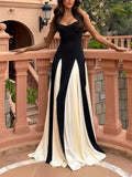 Yooulike Color Block Hit Color Pleated V-Neck Spaghetti Straps Sleeveless Slim Chic Elegant Fashion Loose Prom Wedding Maxi Dress