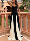 Yooulike Color Block Hit Color Pleated V-Neck Spaghetti Straps Sleeveless Slim Chic Elegant Fashion Loose Prom Wedding Maxi Dress