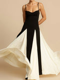 Yooulike Color Block Hit Color Pleated V-Neck Spaghetti Straps Sleeveless Slim Chic Elegant Fashion Loose Prom Wedding Maxi Dress