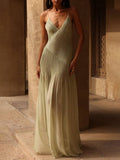 Yooulike Solid Color Ruffle V-Neck Backless Spaghetti Straps Sleeveless Elegant Fashion Holiday Beach Maxi Dress