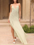 Yooulike Solid Color Ruffle V-Neck Backless Spaghetti Straps Sleeveless Elegant Fashion Holiday Beach Maxi Dress