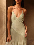 Yooulike Solid Color Ruffle V-Neck Backless Spaghetti Straps Sleeveless Elegant Fashion Holiday Beach Maxi Dress