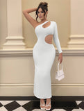 Yooulike Solid Color Cut Out Bodycon Oblique Shoulder One Shoulder Long Sleeve Party Dress Clubwear Evening Party Long Dress