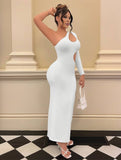 Yooulike Solid Color Cut Out Bodycon Oblique Shoulder One Shoulder Long Sleeve Party Dress Clubwear Evening Party Long Dress