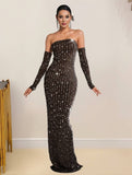 Yooulike Women Sparkly Crystal Diamonds Mesh Bandeau Long Gloves Elegant Fashion Evening Birthday Party Two Piece Maxi Dress