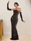 Yooulike Women Sparkly Crystal Diamonds Mesh Bandeau Long Gloves Elegant Fashion Evening Birthday Party Two Piece Maxi Dress