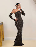 Yooulike Women Sparkly Crystal Diamonds Mesh Bandeau Long Gloves Elegant Fashion Evening Birthday Party Two Piece Maxi Dress