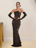 Yooulike Women Sparkly Crystal Diamonds Mesh Bandeau Long Gloves Elegant Fashion Evening Birthday Party Two Piece Maxi Dress