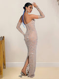 Yooulike Women Sparkly Crystal Diamonds Mesh Bandeau Long Gloves Elegant Fashion Evening Birthday Party Two Piece Maxi Dress