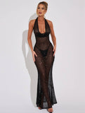 Yooulike Sequin Shimmer Deep V-Neck Halter Neck Mermaid Backless Sleeveless Fashion Clubwear Evening Party Bodycon Maxi Dress