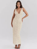 Yooulike 3D Floral Appliqué Deep V-Neck Slit Sleeveless Elegant Evening Party Wedding Gown Bodycon Maxi Dress