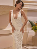 Yooulike 3D Floral Appliqué Deep V-Neck Slit Sleeveless Elegant Evening Party Wedding Gown Bodycon Maxi Dress