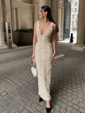 Yooulike 3D Floral Appliqué Deep V-Neck Slit Sleeveless Elegant Evening Party Wedding Gown Bodycon Maxi Dress