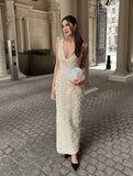 Yooulike 3D Floral Appliqué Deep V-Neck Slit Sleeveless Elegant Evening Party Wedding Gown Bodycon Maxi Dress