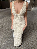 Yooulike 3D Floral Appliqué Deep V-Neck Slit Sleeveless Elegant Evening Party Wedding Gown Bodycon Maxi Dress