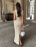 Yooulike 3D Floral Appliqué Deep V-Neck Slit Sleeveless Elegant Evening Party Wedding Gown Bodycon Maxi Dress